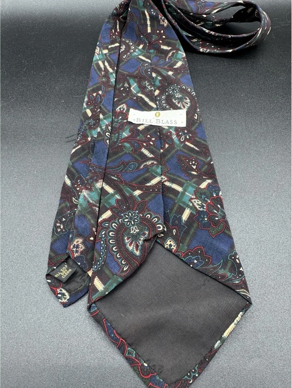 Vintage Bill Blass Silk Tie Navy Plaid Paisley 56” x 3.75” Classic